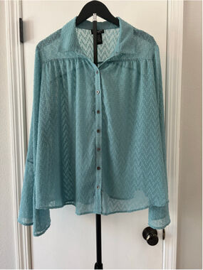 Wrangler Retro Teal Mesh Dobby Blouse Bell Sleeve Sheer Western Boho L Large